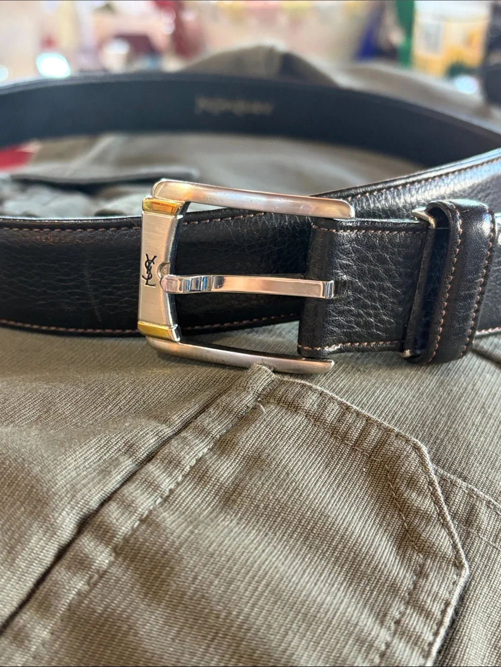 Yves Saint Laurent Black Leather Belt with Two-Tone Metal Buckle